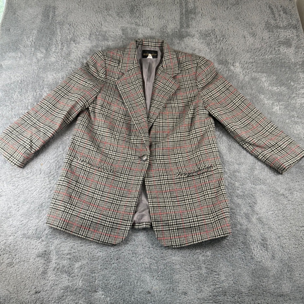 Requirements Vintage Glen Plaid Blazer Red Black White Single Button Jacket L